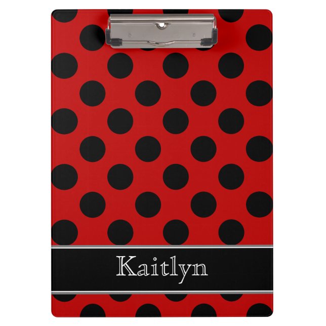 Black and Red Polka Dots Personalized Clipboard (Front)