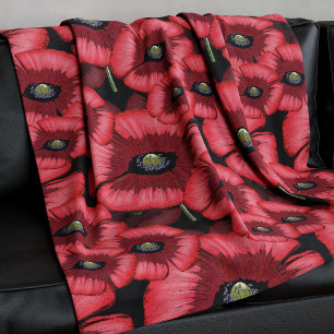 Black and Red Poppies Floral Fleece Blanket