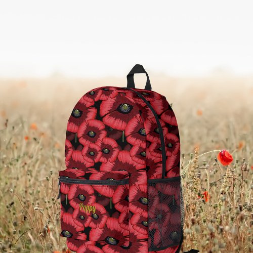 Black and Red Poppy Flower Pattern Womens Printed Backpack