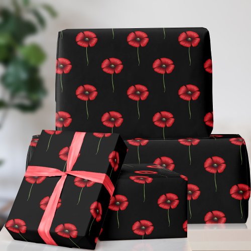 Black and Red Poppy Flower Pattern Wrapping Paper