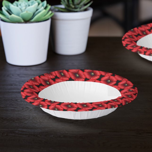 Black and Red Poppy Flowers Floral Edge Paper Bowls (A poppy pattern paper bowl for you to pop your popcorn in)