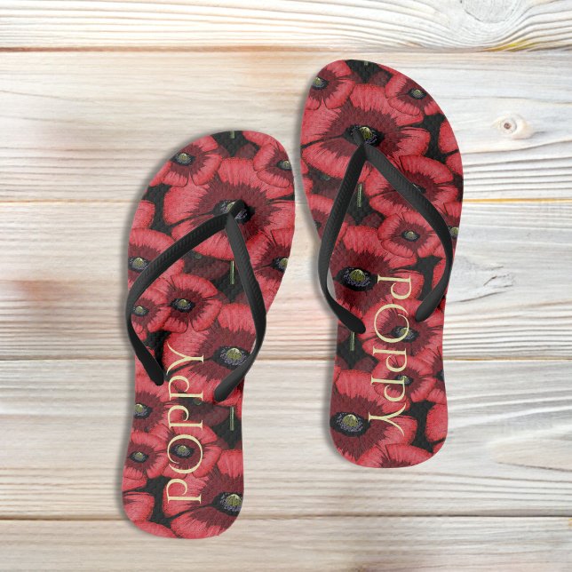 Black and Red Poppy Flowers Floral Womens Flip Flops (Pop a pair of poppy flip flops on your feet. Just add your name!)