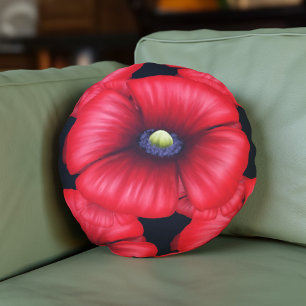 Black and Red Poppy Pattern Round Pillow