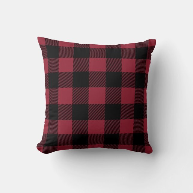 Black and Red Preppy Buffalo Check Plaid Throw Pillow (Front)