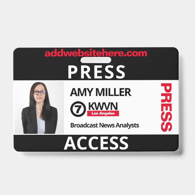 Black and Red Press Pass Custom Name Employee Badge (Front)