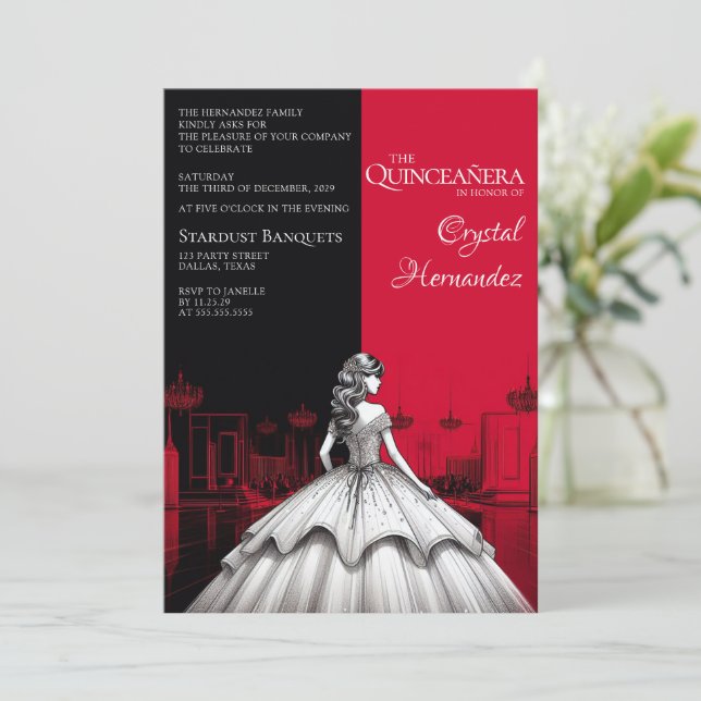 Black and Red Quinceañera Invitation (Standing Front)
