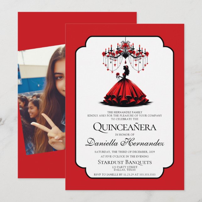Black and Red Quinceañera Invitation (Front/Back)