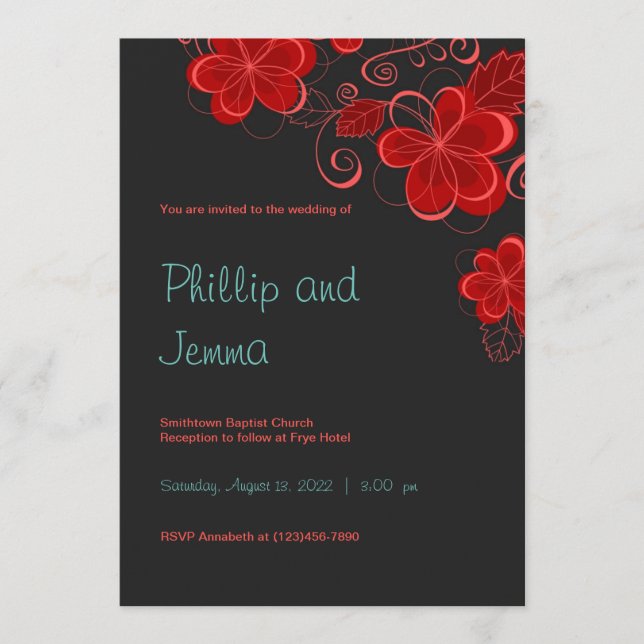 Black and Red Retro Floral Wedding Invitation (Front)