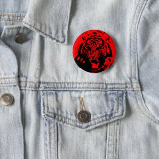 Black and red roaring tiger, vector silhouette button