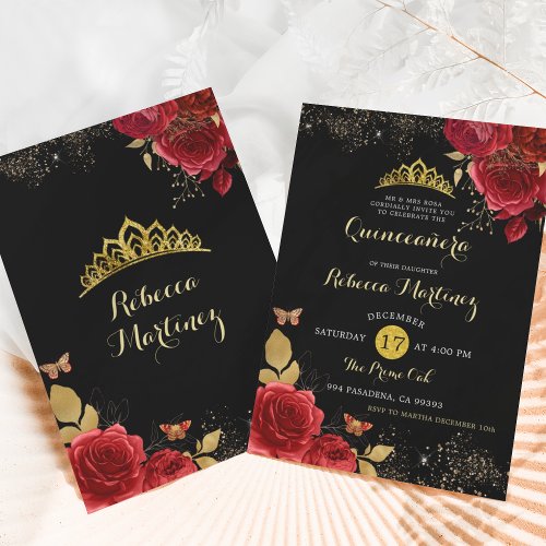 Black and Red Roses Floral Girl Mis XV Aos Invitation