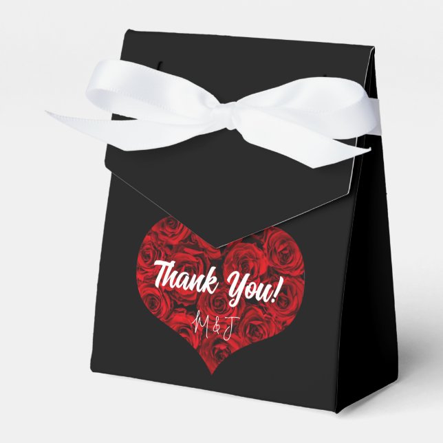 Black and Red Roses Heart Wedding Thank You Favor Boxes (Front Side)