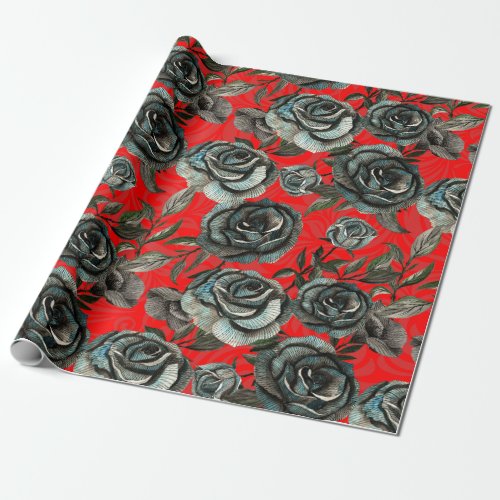 Black and red roses pattern wrapping paper