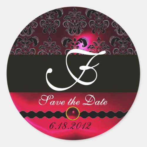 BLACK AND RED RUBY DAMASK MONOGRAMburgundy Classic Round Sticker