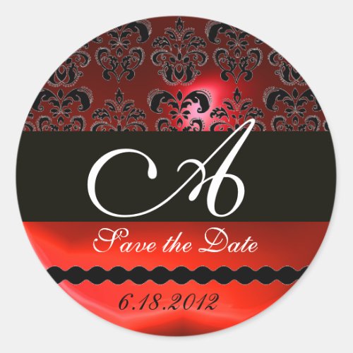 BLACK AND RED RUBY DAMASK MONOGRAM CLASSIC ROUND STICKER