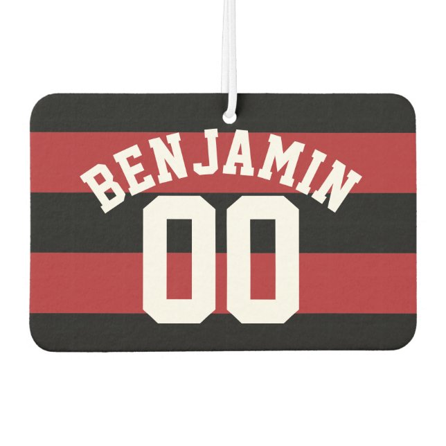 Black and Red Rugby Stripes Name Number Air Freshener (Front)