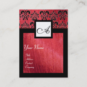 BLACK AND RED SILK DAMASK SQUARE MONOGRAM BUSINESS CARD