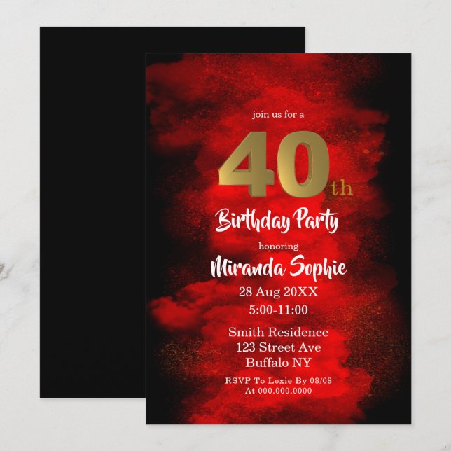 Black and Red Smoke 40th Birthday Invitations  (Front/Back)