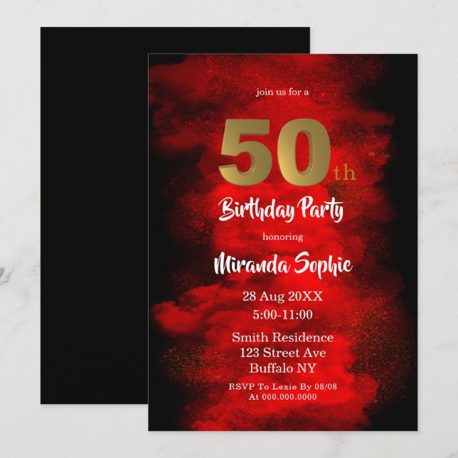 Black and Red Smoke 50th Birthday Invitations  (Front/Back)