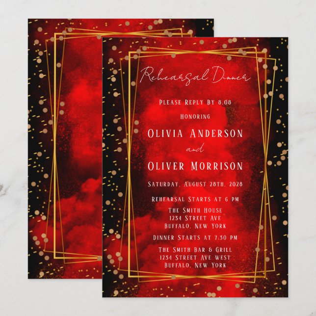Black and Red Smokey Geometric Rehearsal Dinner Invitation (Front/Back)