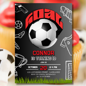 Black and Red Soccer Ball Birthday Party  Invitation