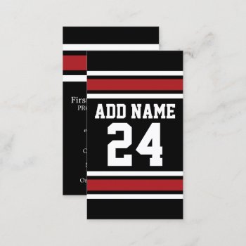Black And Red Sports Jersey Custom Name Number Business Card by MyRazzleDazzle at Zazzle