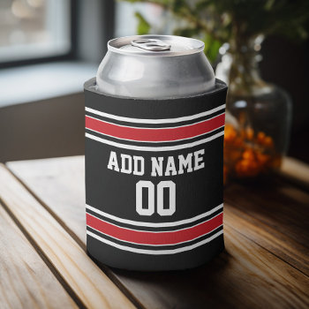 Black And Red Sports Jersey Custom Name Number Can Cooler by MyRazzleDazzle at Zazzle