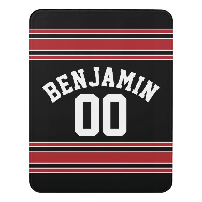 Black and Red Sports Jersey Custom Name Number Door Sign (Contemporary Vert)