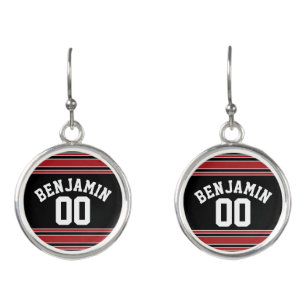 Black and Red Sports Jersey Custom Name Number Earrings
