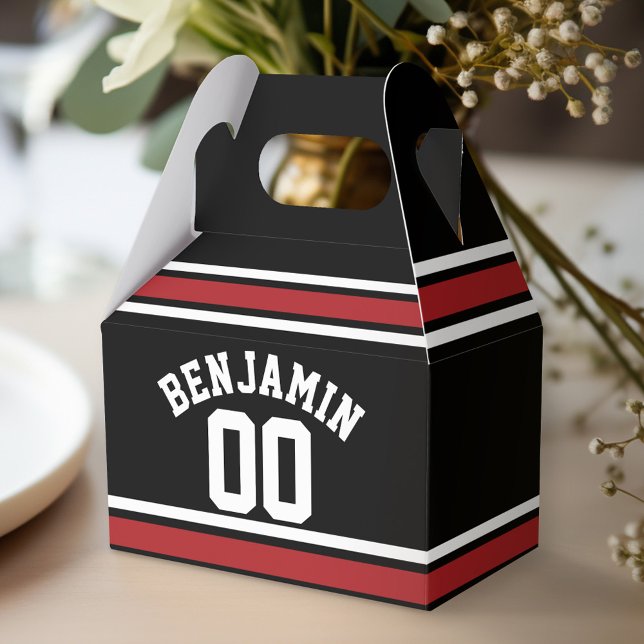 Black and Red Sports Jersey Custom Name Number Favor Boxes (Personalized favor box - birthday party)