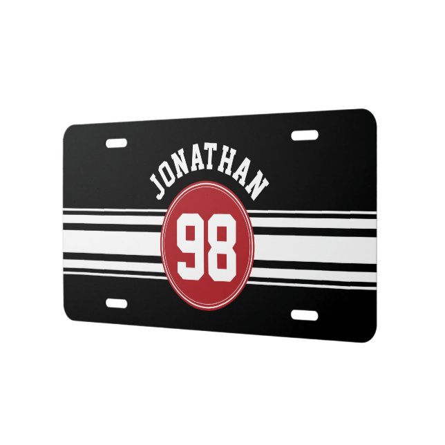 Black and Red Sports Jersey Custom Name Number License Plate (Left)