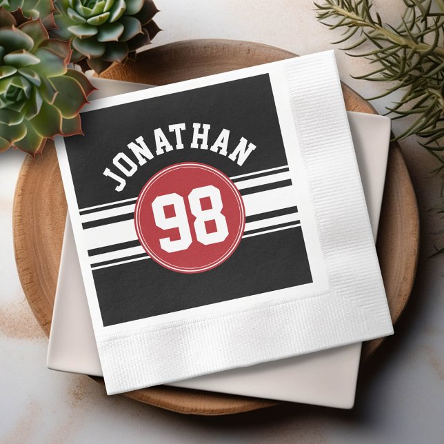 Black and Red Sports Jersey Custom Name Number Napkins (Custom Party Napkins)