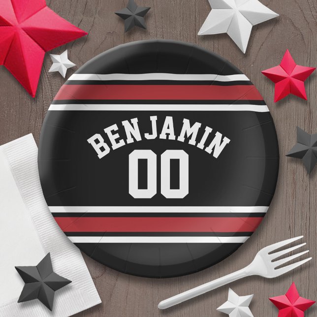 Black and Red Sports Jersey Custom Name Number Paper Plates (Personalized party plates - sports theme for birthday or any occasion)