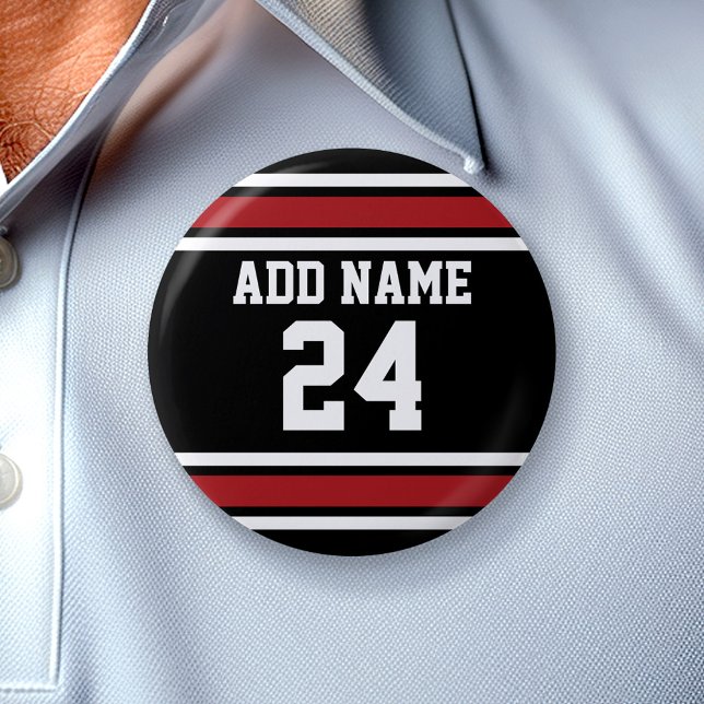 Black and Red Sports Jersey Custom Name Number Pinback Button (Custom Button - Sports Theme)