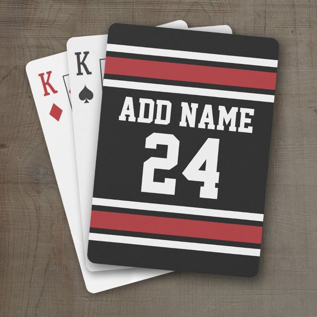 Black and Red Sports Jersey Custom Name Number Poker Cards (Personalized Playing Cards - Sports Jersey Design)