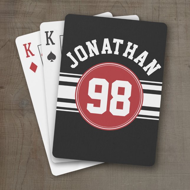 Black and Red Sports Jersey Custom Name Number Poker Cards (Personalized Playing Cards - Sports Jersey Design)