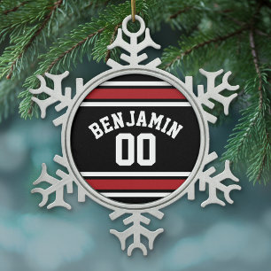Black and Red Sports Jersey Custom Name Number Snowflake Pewter Christmas Ornament