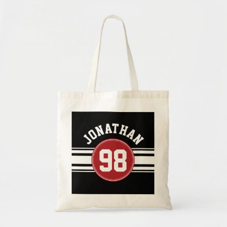 Black And Red Sports Jersey Custom Name Number Tote Bag