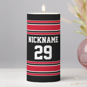 Black and Red Sports Jersey with Name Number Pillar Candle