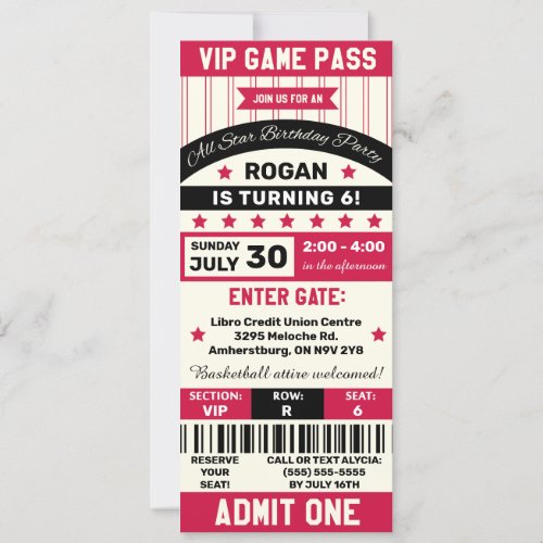 Black and Red Sports Themed Ticket Birthday Party Invitation