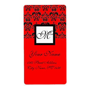 BLACK AND RED SQUARE DAMASK MONOGRAM, LABEL