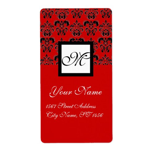 BLACK AND RED SQUARE DAMASK MONOGRAM LABEL