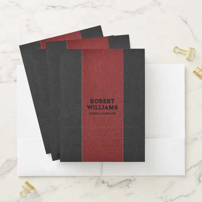 Black and red stitched faux leather Image Pocket Folder | Zazzle