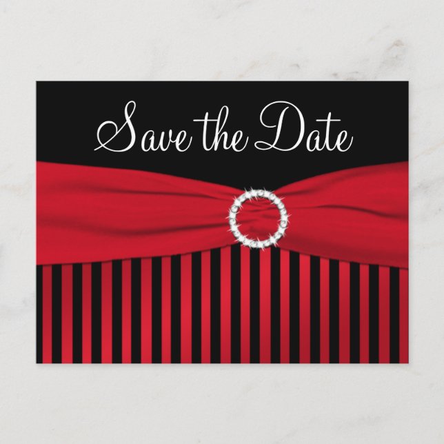 Black and Red Striped Save the Date Postcard (Front)
