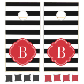 Black and Red Stripes Monogram Cornhole Set