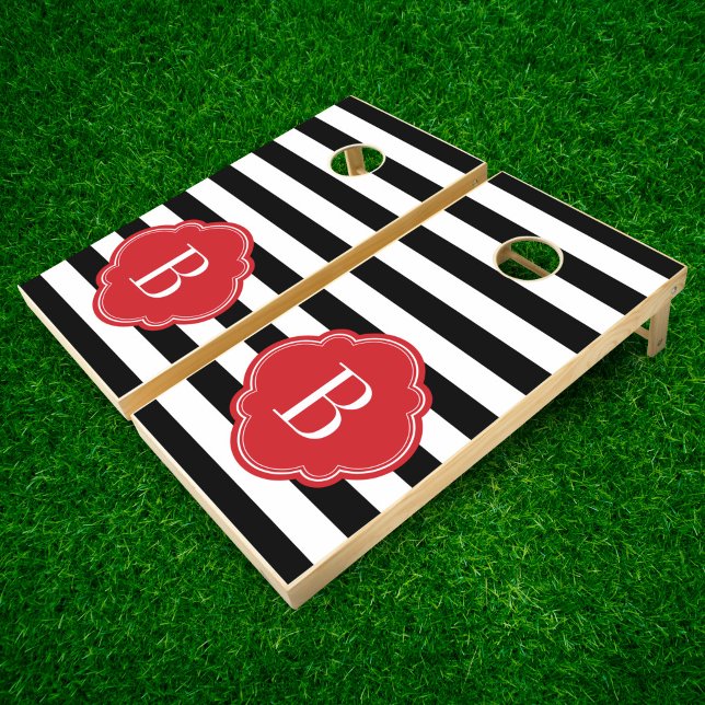 Black and Red Stripes Monogram Cornhole Set (Creator Uploaded)