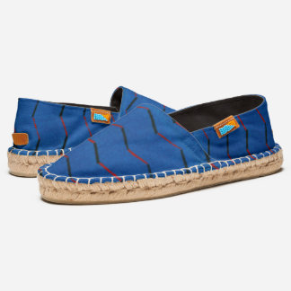 Black and red stripes on blue canvas espadrilles