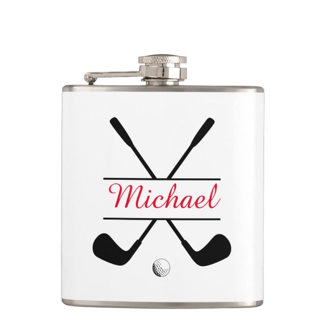Black and Red Stylish Logo and Name Golf Player Flask (Front)