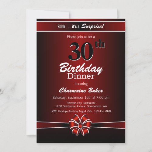 Black and Red Surprise 30th Birthday Dinner Party Invitation