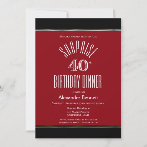 Black and Red Surprise 40th Birthday Dinner Invitation