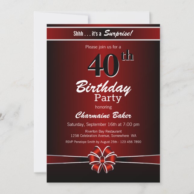 Black and Red Surprise 40th Birthday Party Invitation (Front)
